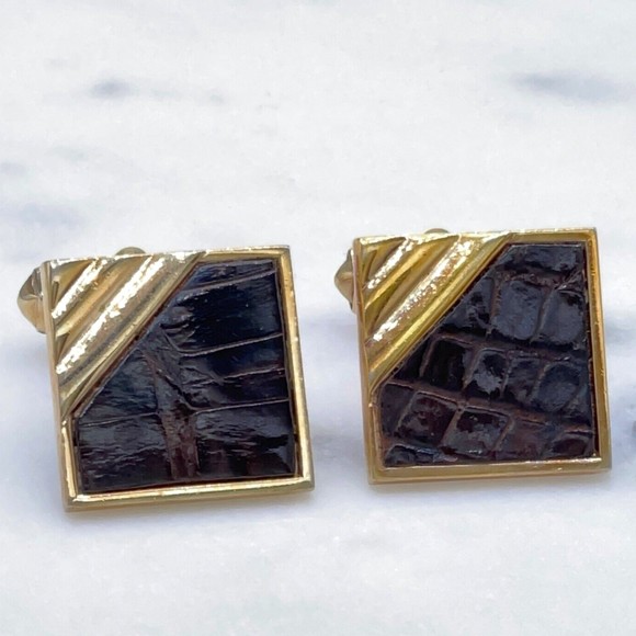 SWANK Vintage Gold Tone Brown Animal/Leather Detail Square Bullet Back Cufflinks - Picture 2 of 8